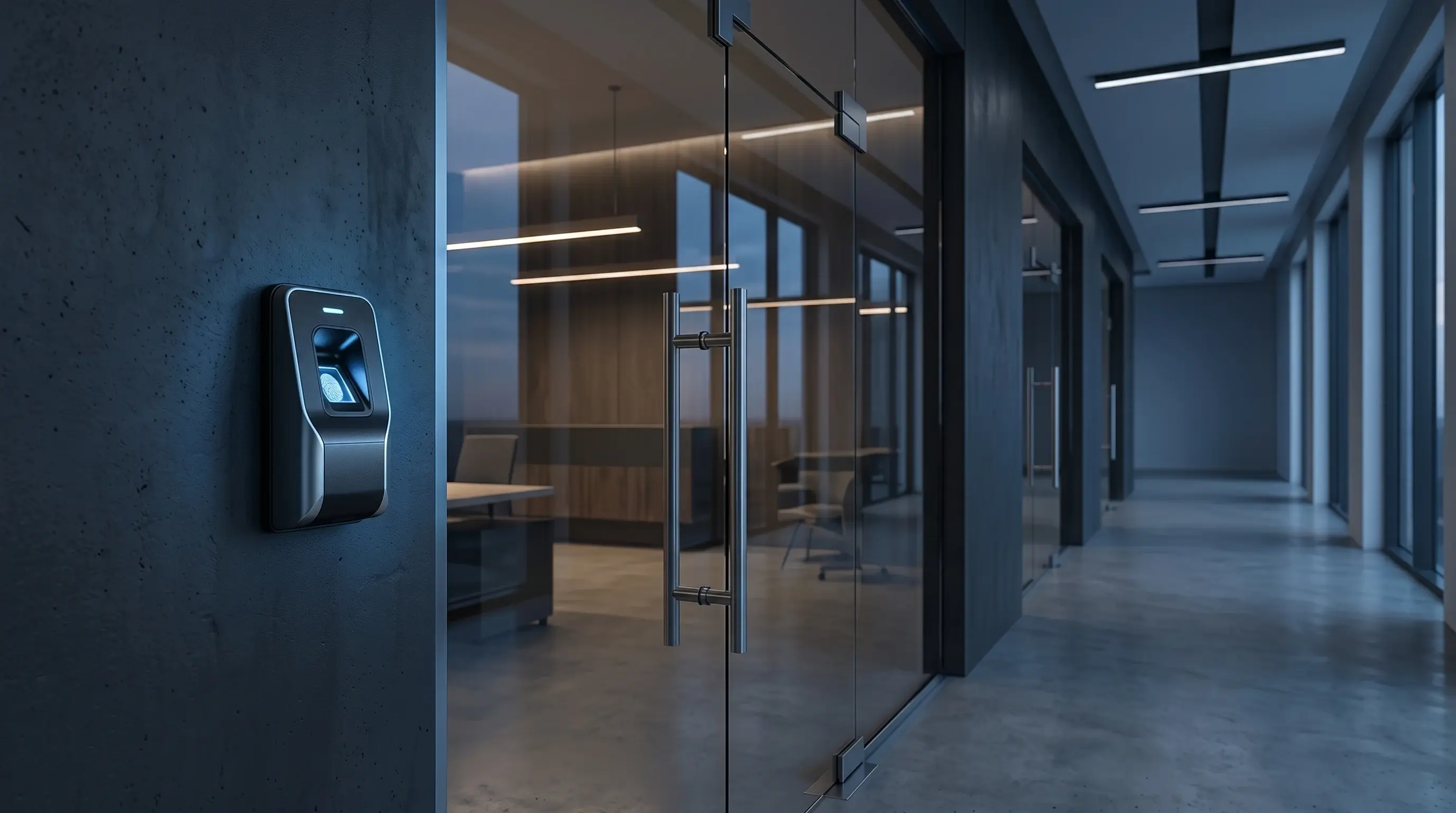 Biometric fingerprint access control reader beside a glass office door