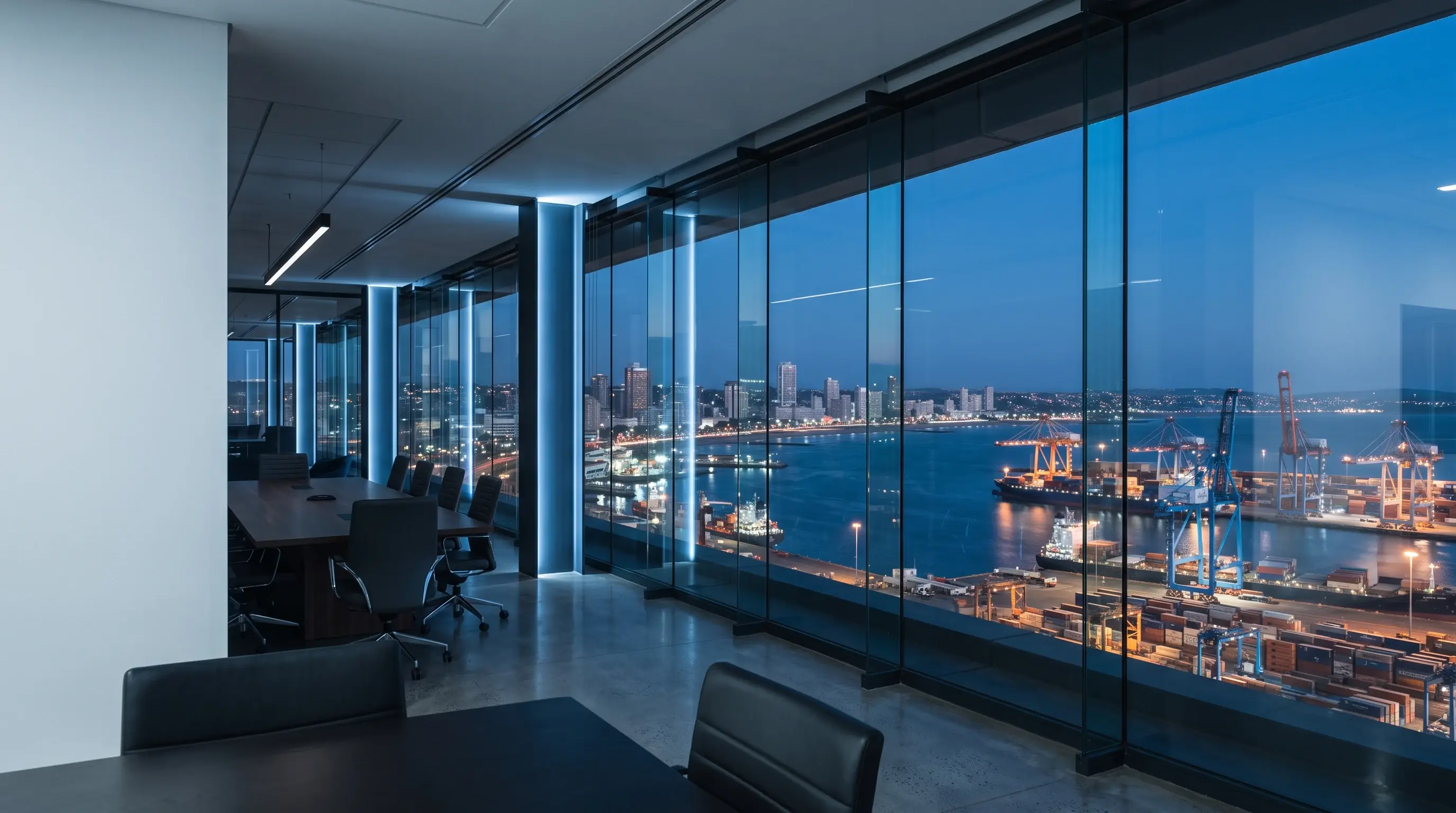 Office interior at blue hour looking through floor-to-ceiling glass at Durban harbour and city lights