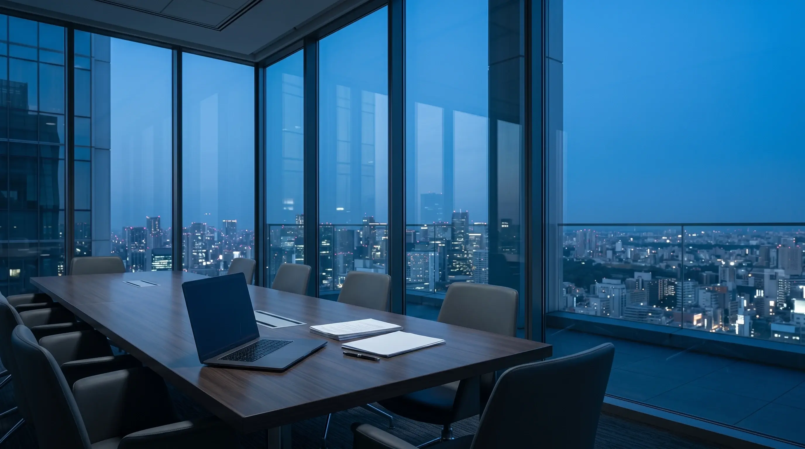 Minimalist boardroom at blue hour with city lights beyond the glass wall