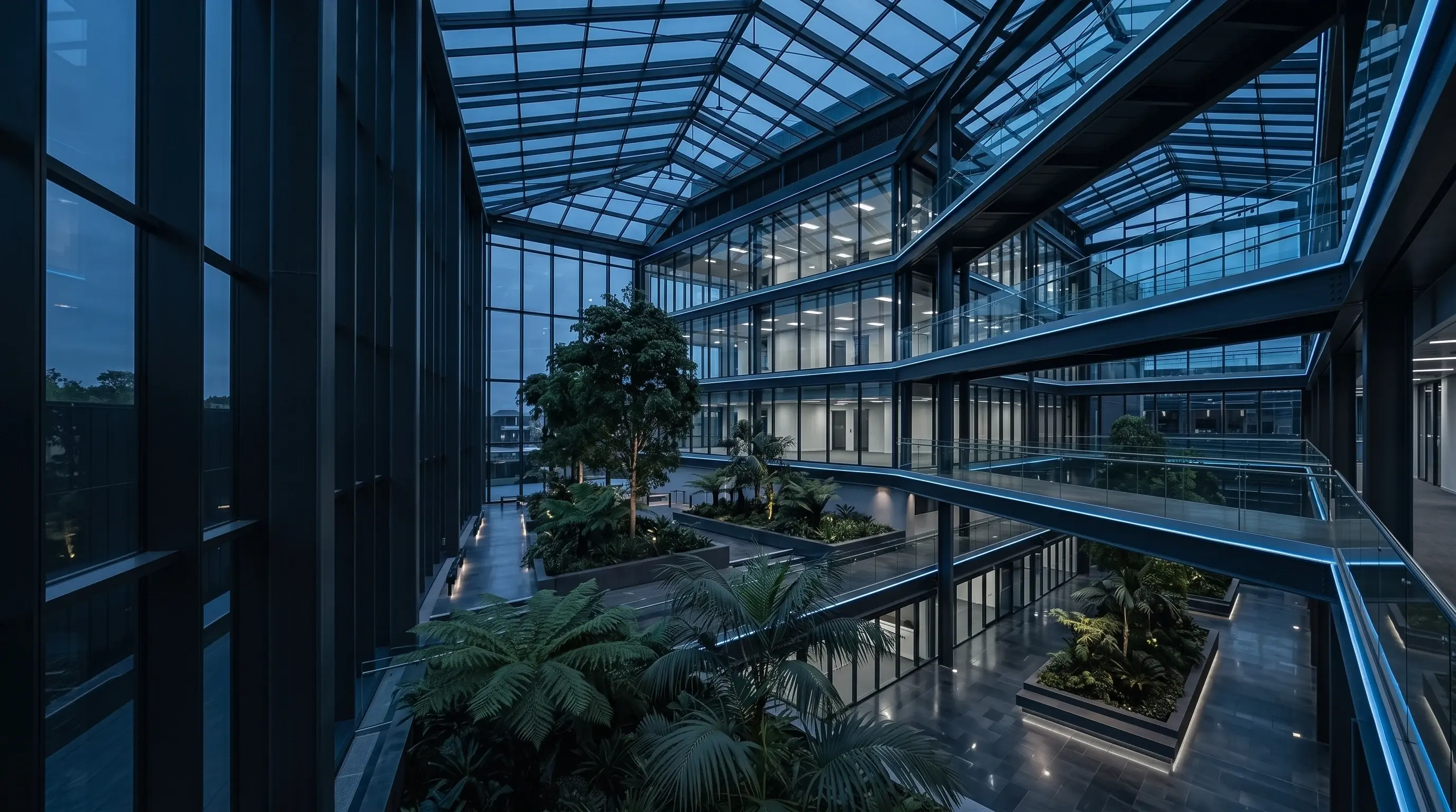 Glass office atrium with architectural planting under cool dusk light