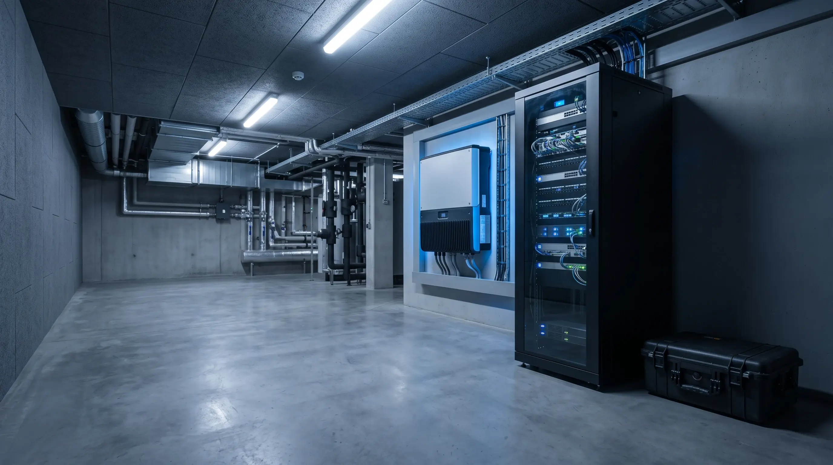 Clean plant room with a wall-mounted inverter, a network rack and a technician tool case