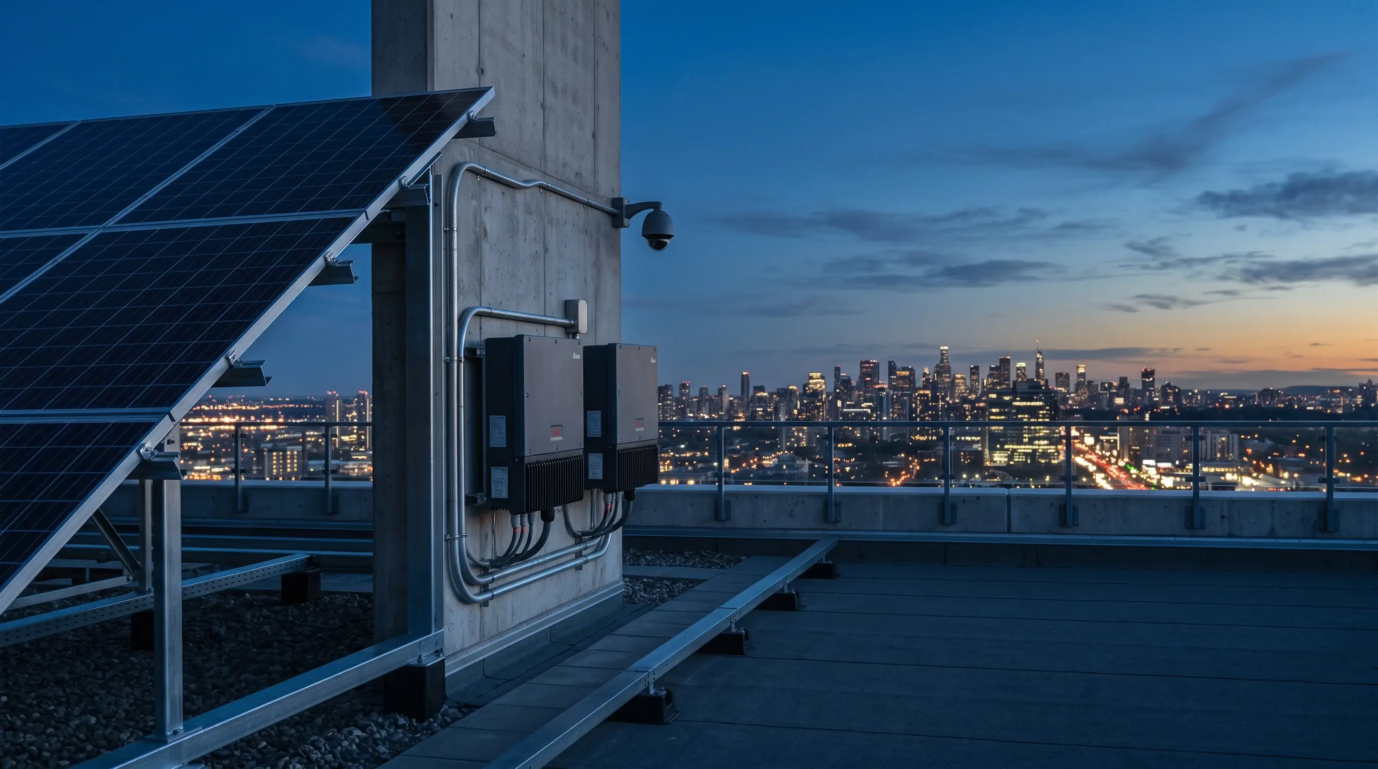 Commercial rooftop at blue hour with a solar array, an inverter cabinet and a dome security camera in one frame