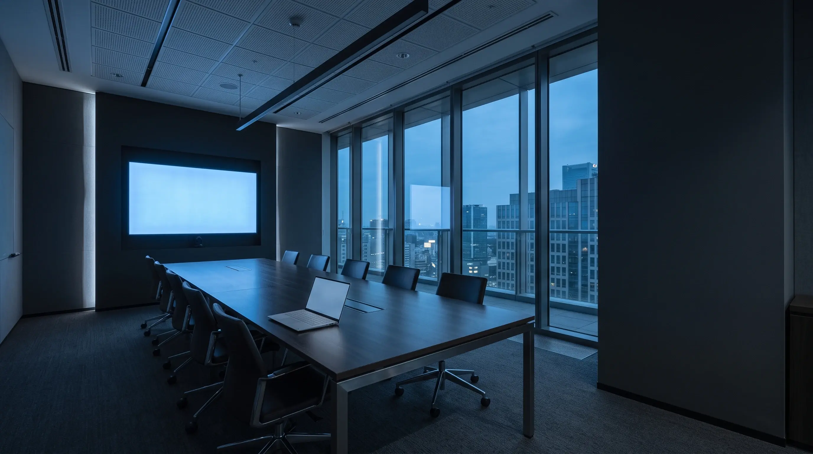 Modern meeting room at blue hour with a large wall display and a single laptop