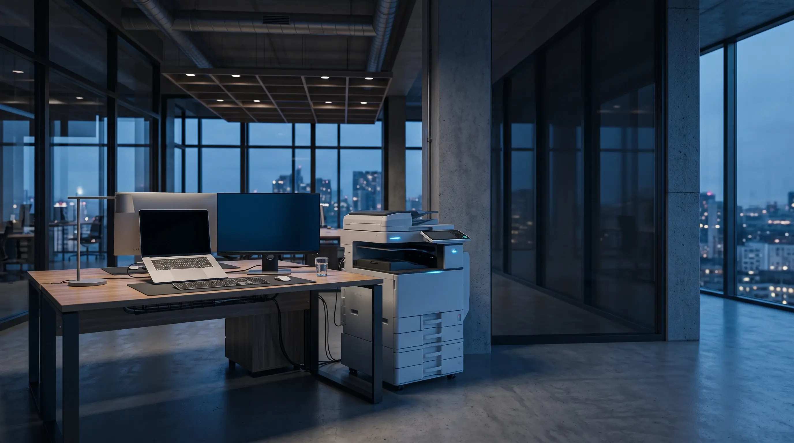 Bright new office at dusk with a multifunction printer, a fresh workstation and a laptop