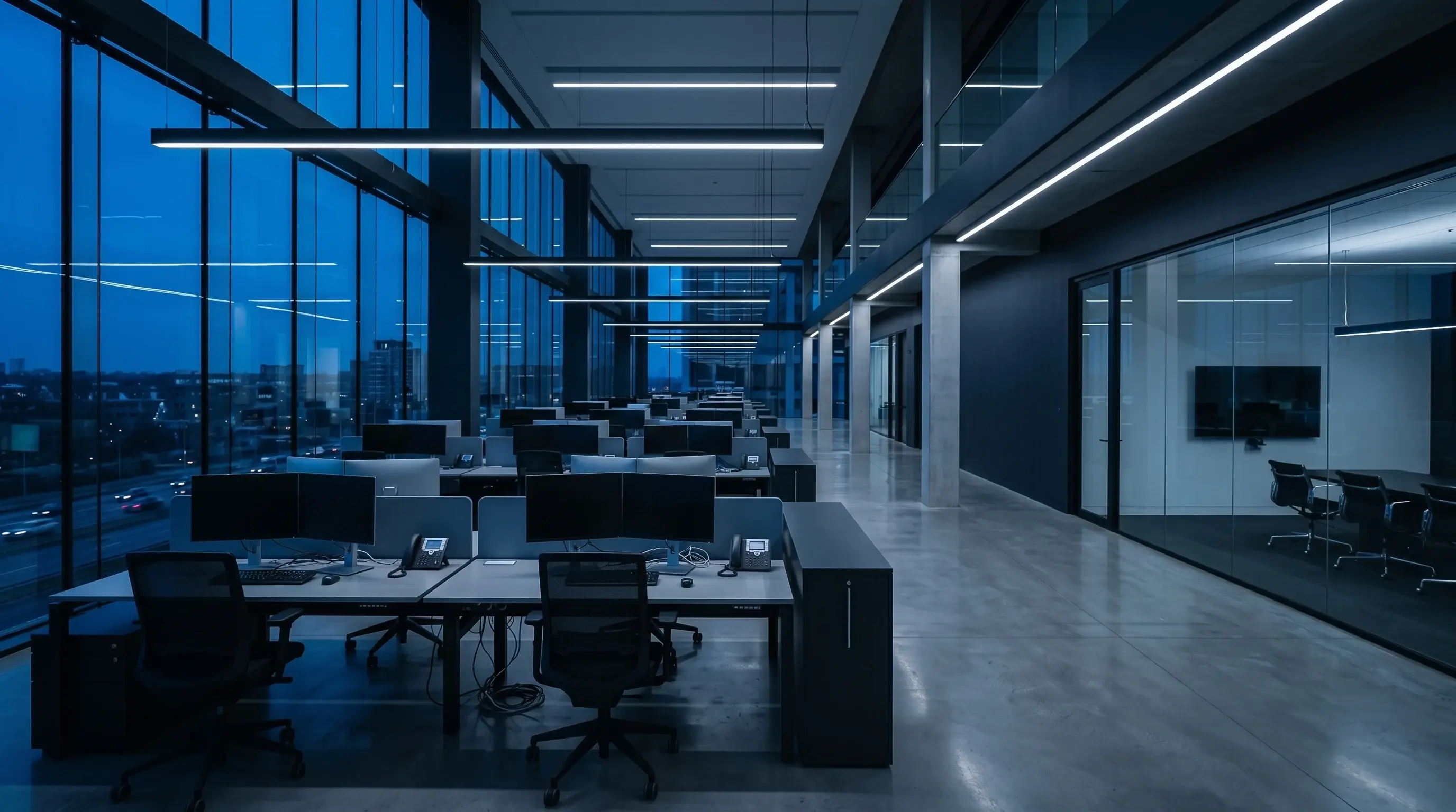 Empty modern open-plan office at blue hour lit by monitor glow