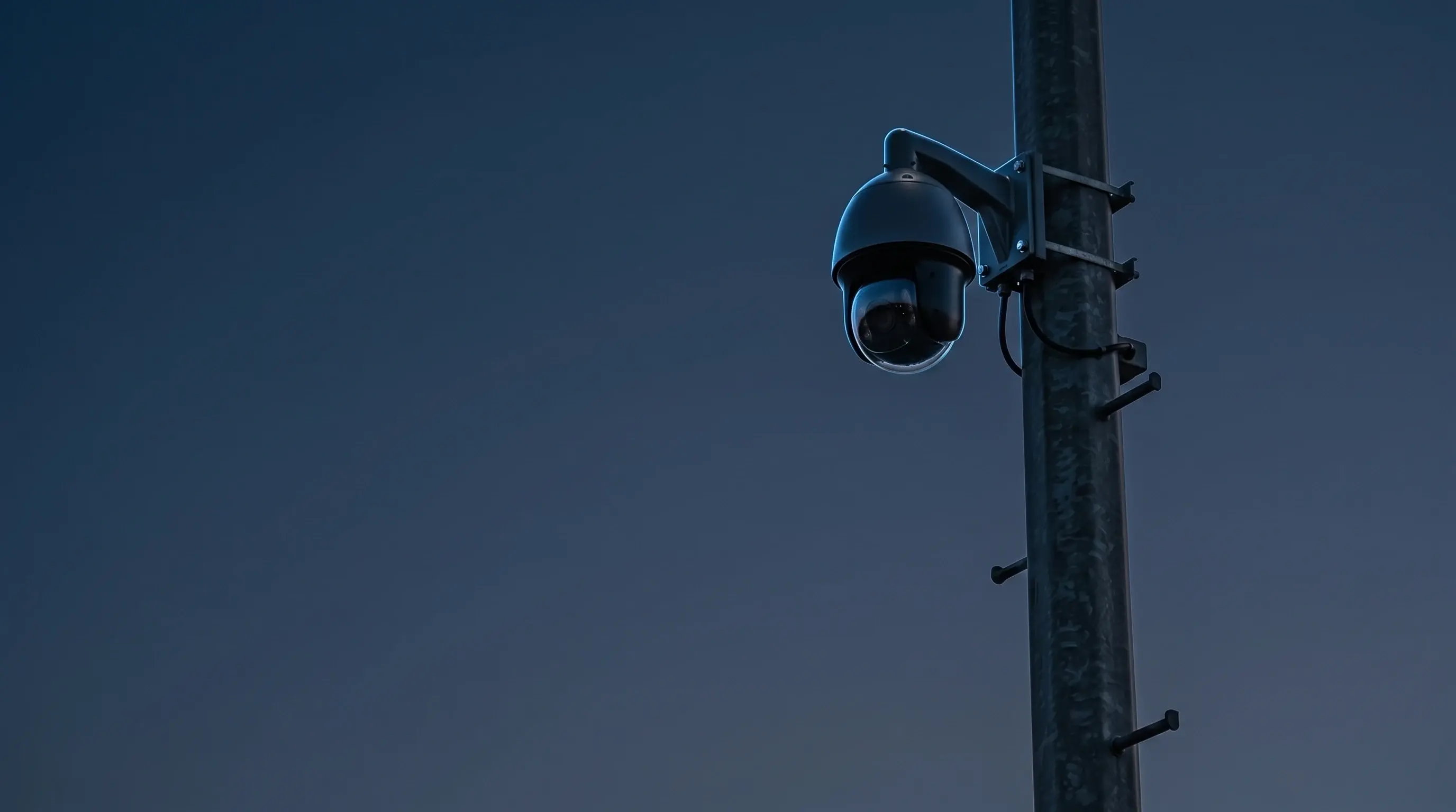 PTZ surveillance camera on a steel pole against a deep dusk sky