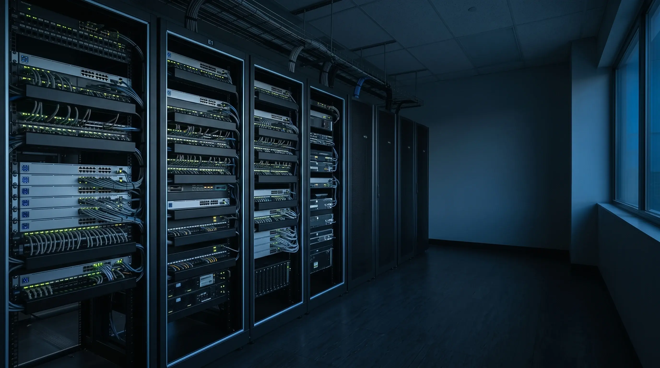Precision network and automation hardware in a dark equipment room, status LEDs glowing