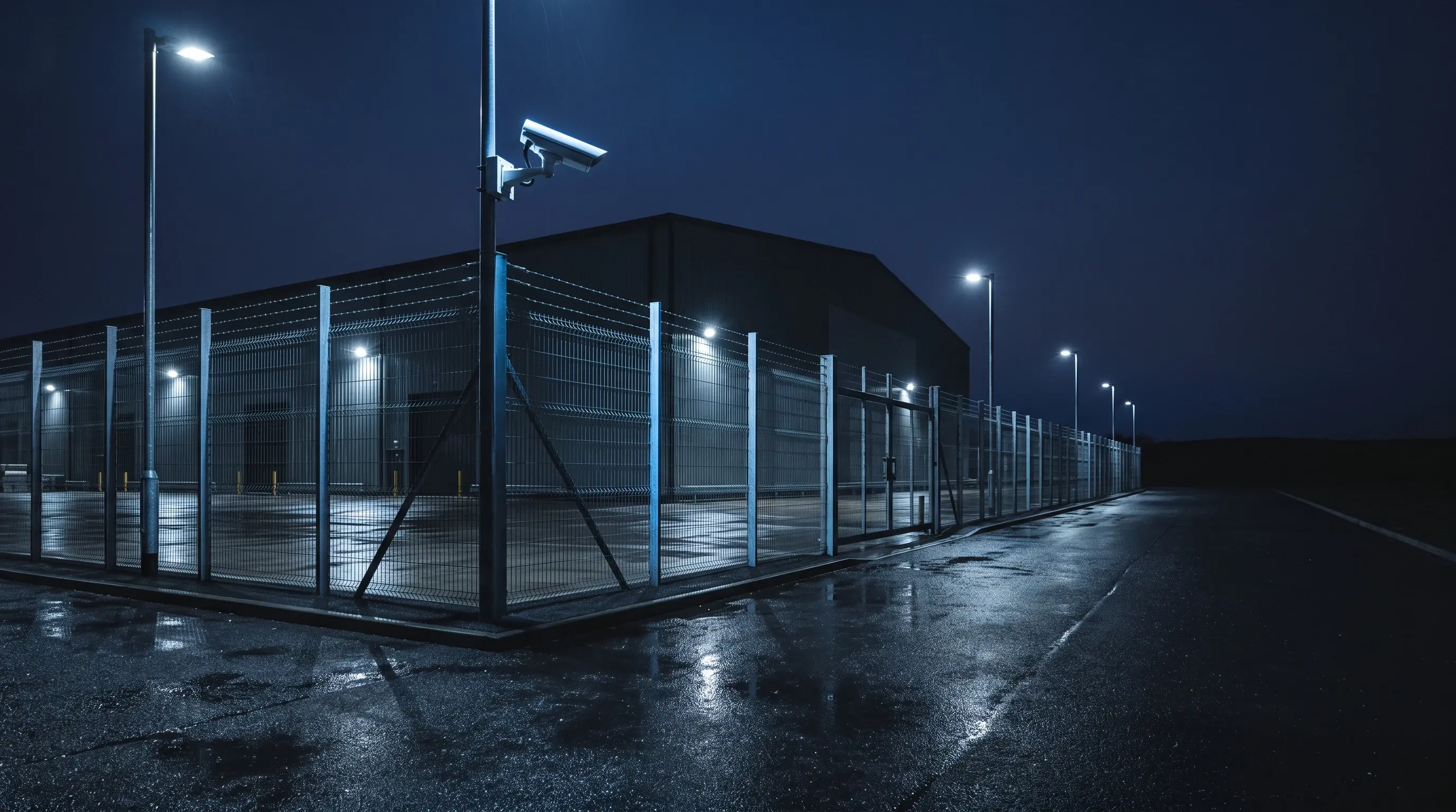 Warehouse perimeter at night with cool floodlights on a steel fence and a mounted camera