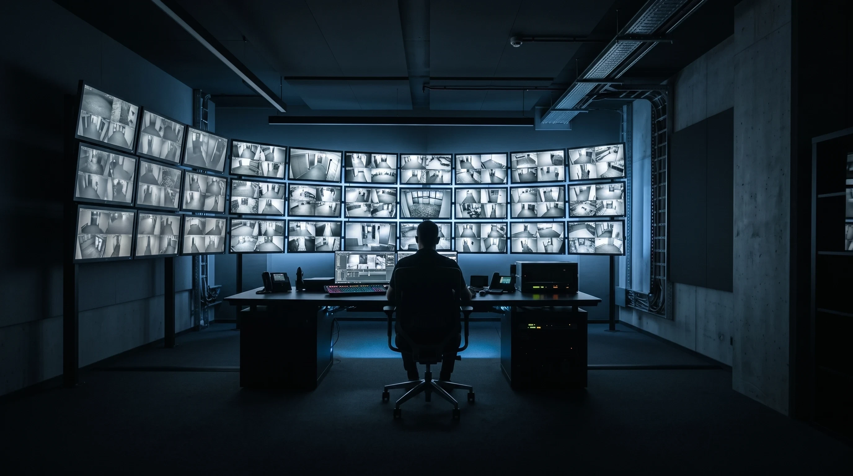 Security control room with a wall of surveillance monitors glowing in a darkened room