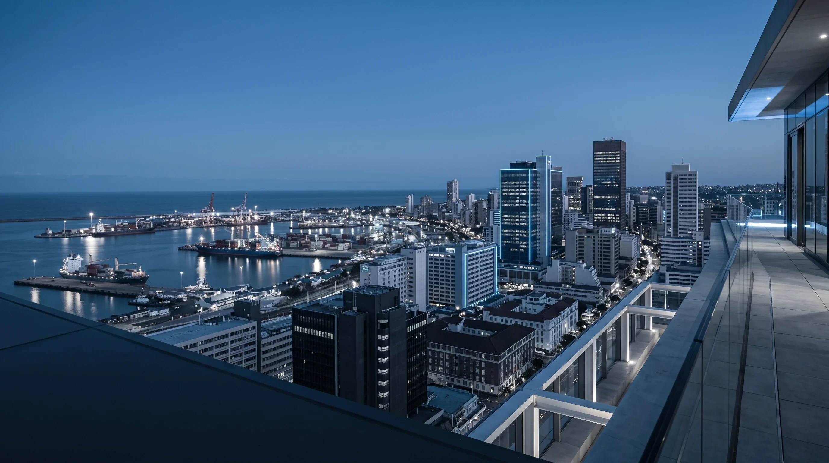 Durban city skyline and harbour at blue hour from an elevated rooftop