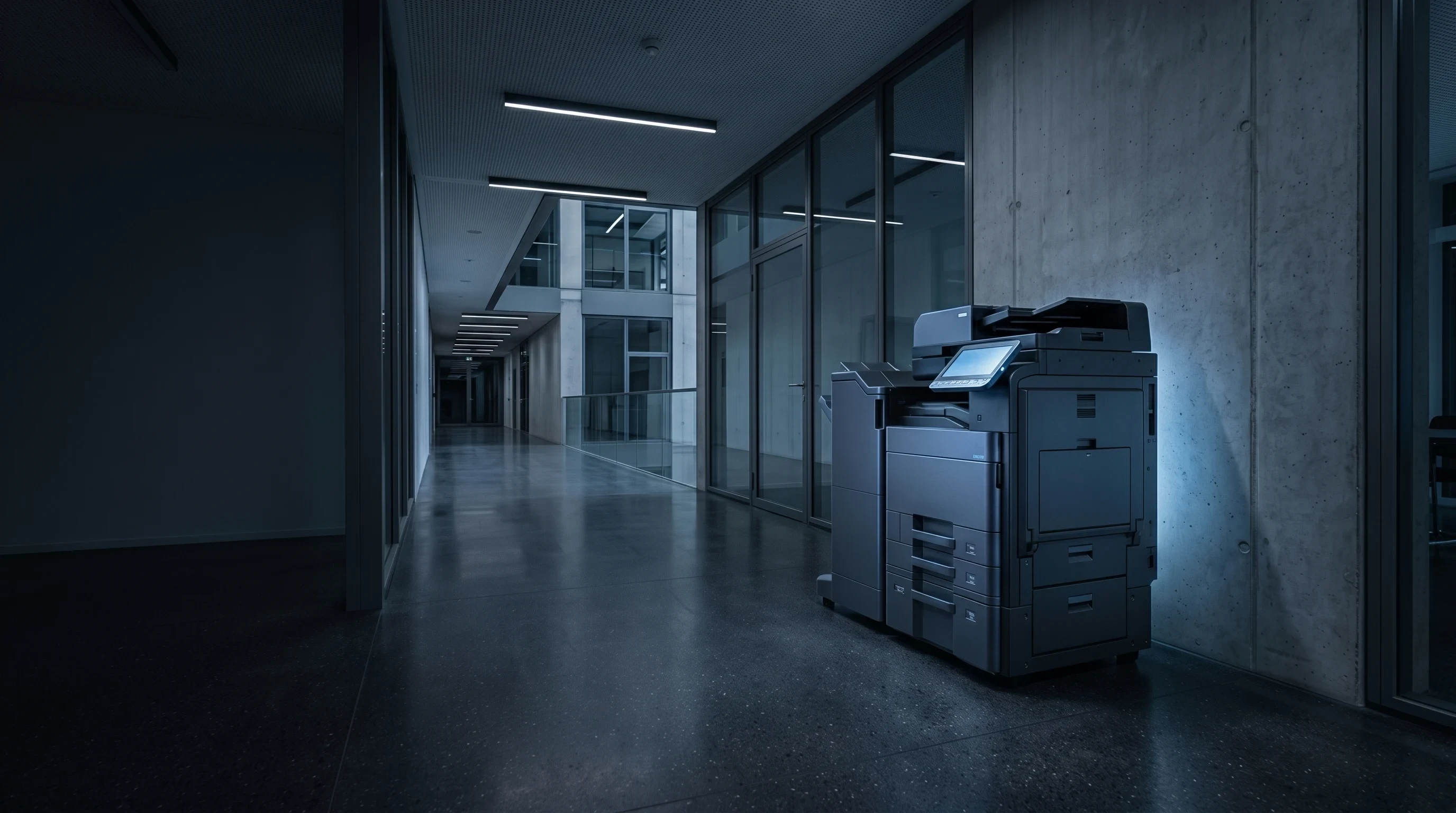 Multifunction office printer in a dim modern office with its control screen glowing