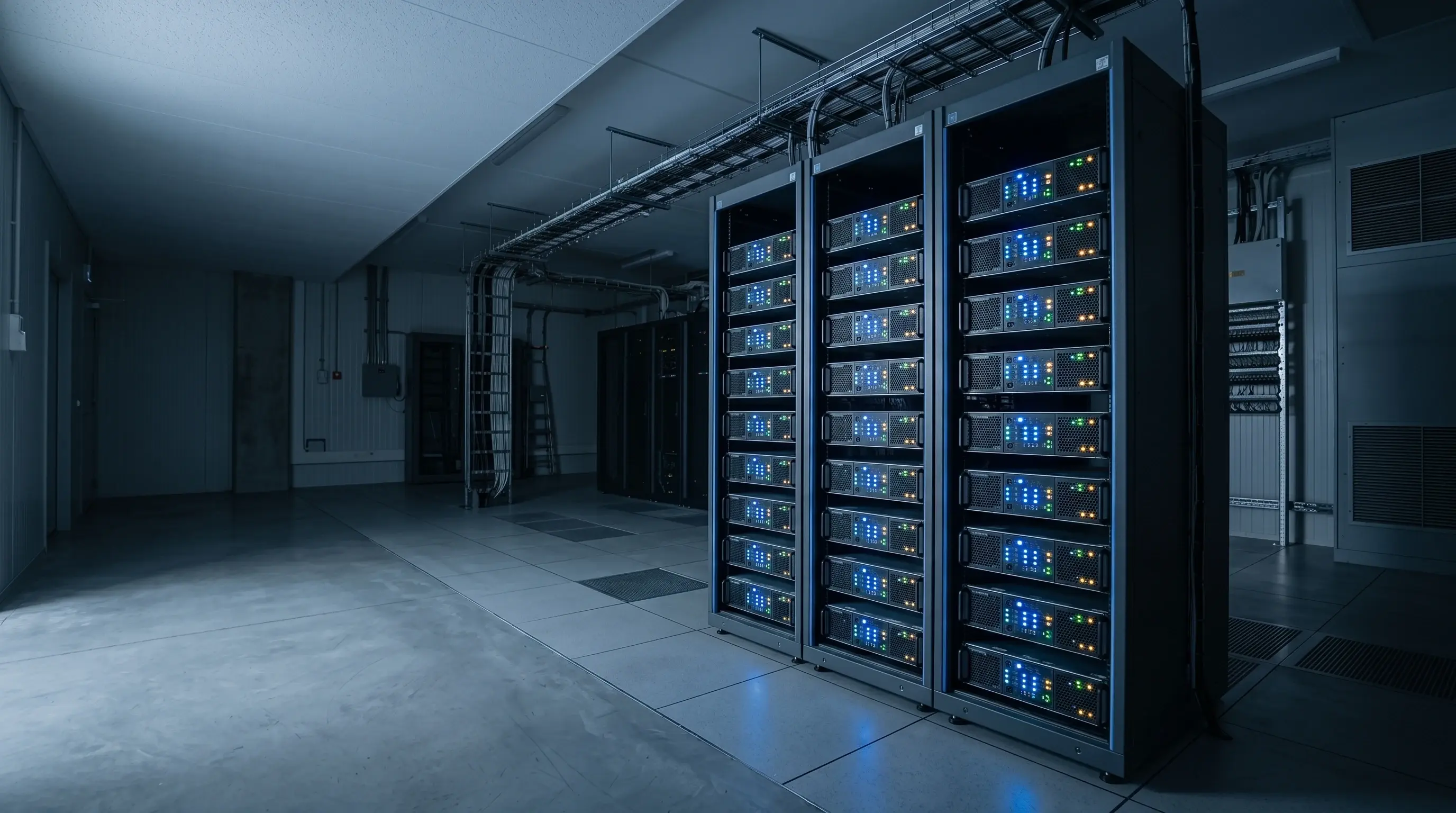 Rack of lithium battery backup units with glowing indicator lights in a server hall