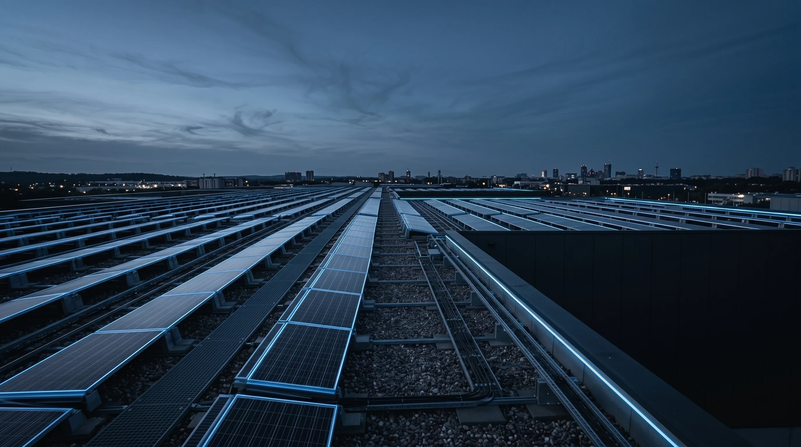 Rows of rooftop solar panels reflecting deep blue dusk light on an industrial roof